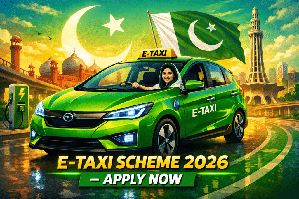 Modern illustration of a green futuristic electric taxi driving through Lahore streets, smiling woman driver at the wheel, Punjab flag and crescent moon in background, text overlay 'E-Taxi Scheme 2026 – Apply Now', vibrant colors, Punjab government scheme 2026