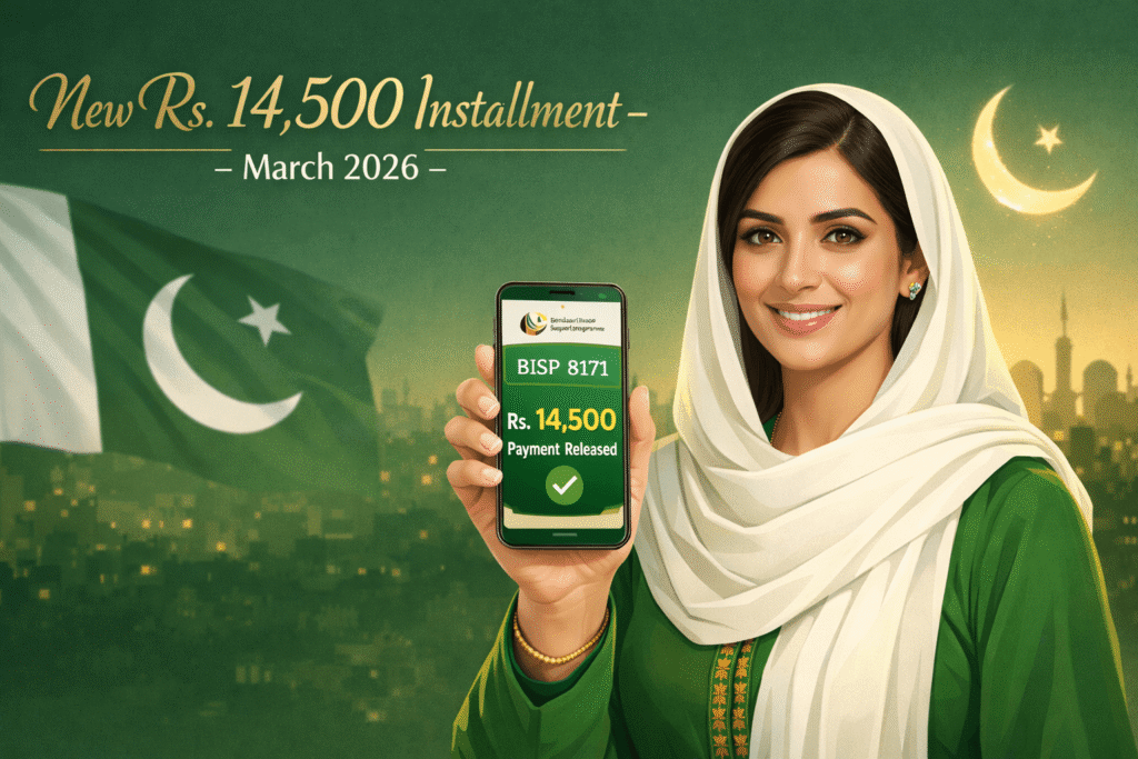 Illustration of a smiling Pakistani woman in modest attire checking her BISP 8171 payment status on a smartphone, displaying 'Rs. 14,500 Payment Released' on the official portal screen, with green and gold Benazir Income Support Programme colors, subtle Pakistani flag and Ramadan crescent moon in background.